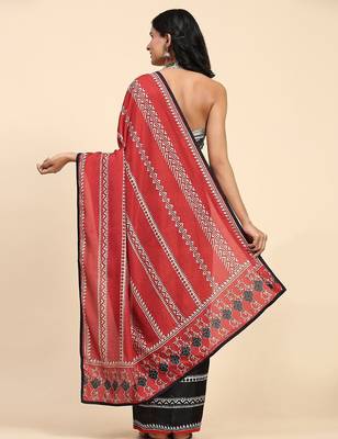 Red printed silk blend ethnic saree with blouse piece 3