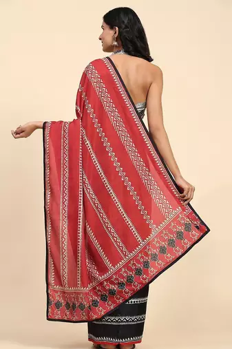 Red printed silk blend ethnic saree with blouse piece