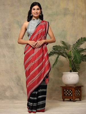 Red printed silk blend ethnic saree with blouse piece 4