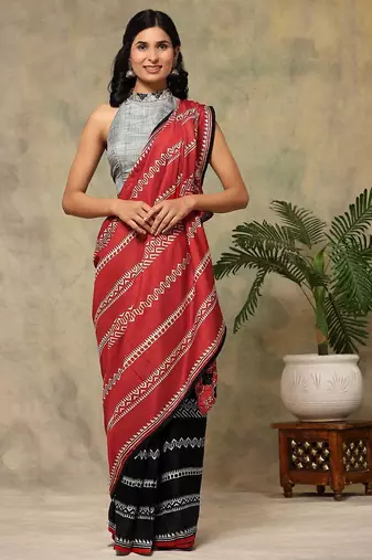 Red printed silk blend ethnic saree with blouse piece