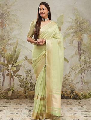 Green elegant zari woven linen saree with blouse piece 1