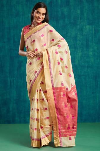 Cream elegant printed polycotton saree with blouse piece