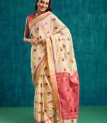 Cream elegant printed polycotton saree with blouse piece