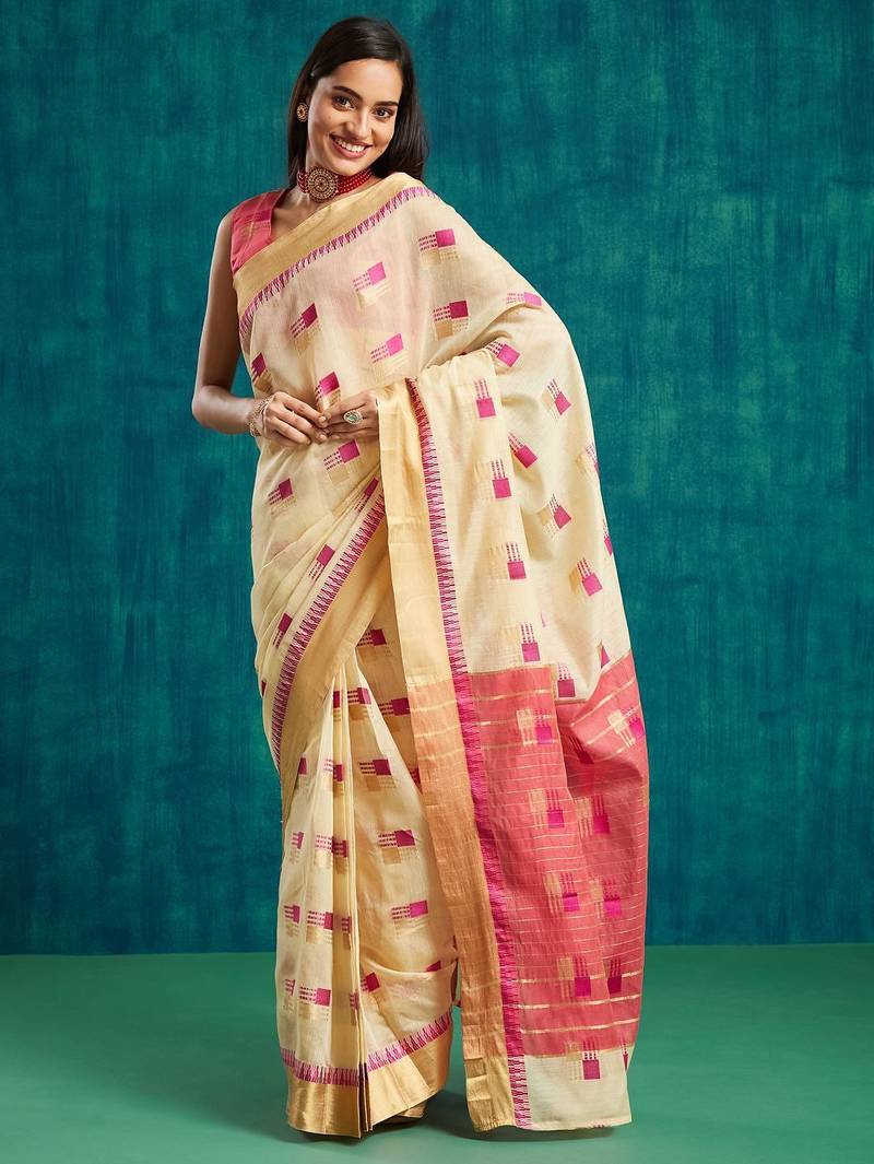 Cream elegant printed polycotton saree with blouse piece