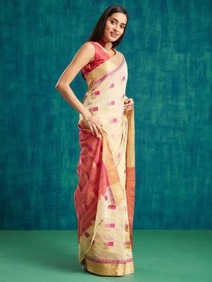 Cream elegant printed polycotton saree with blouse piece 2