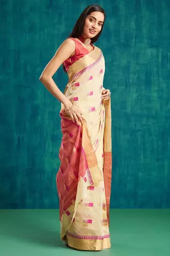 Cream elegant printed polycotton saree with blouse piece