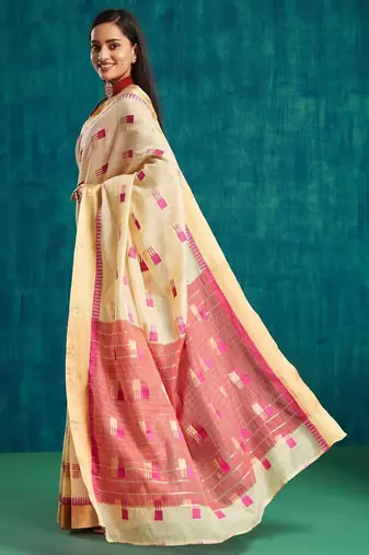 Cream elegant printed polycotton saree with blouse piece