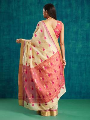 Cream elegant printed polycotton saree with blouse piece 4