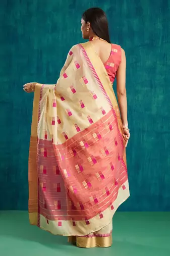 Cream elegant printed polycotton saree with blouse piece