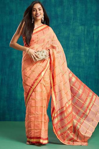 Peach elegant printed polycotton saree with blouse piece