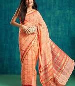 Peach elegant printed polycotton saree with blouse piece