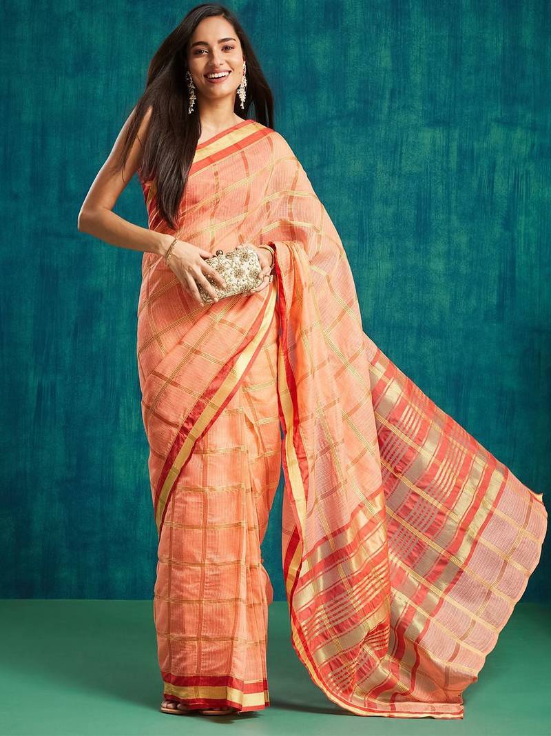 Peach elegant printed polycotton saree with blouse piece