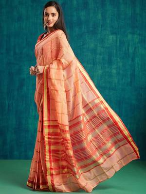 Peach elegant printed polycotton saree with blouse piece 2