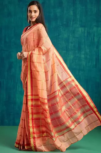 Peach elegant printed polycotton saree with blouse piece