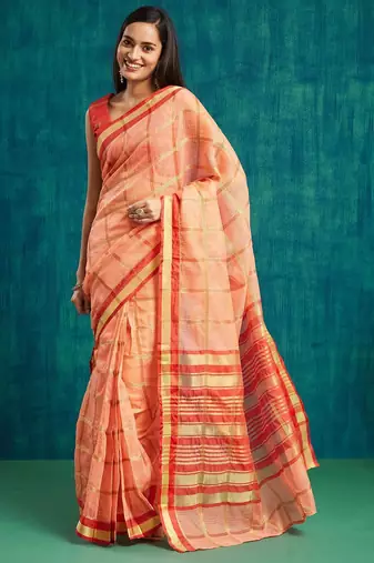 Peach elegant printed polycotton saree with blouse piece