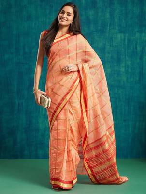 Peach elegant printed polycotton saree with blouse piece 5