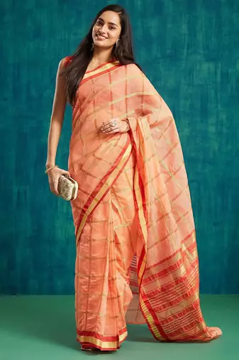 Peach elegant printed polycotton saree with blouse piece