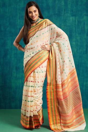 Cream elegant printed polycotton saree with blouse piece