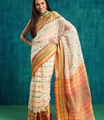 Cream elegant printed polycotton saree with blouse piece