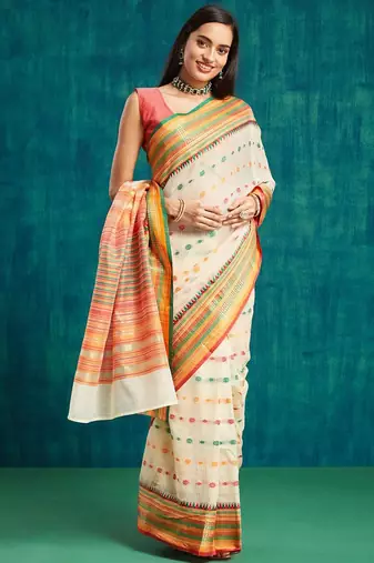 Cream elegant printed polycotton saree with blouse piece
