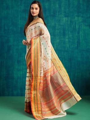 Cream elegant printed polycotton saree with blouse piece 3
