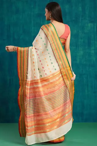 Cream elegant printed polycotton saree with blouse piece