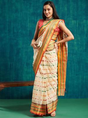 Cream elegant printed polycotton saree with blouse piece 5