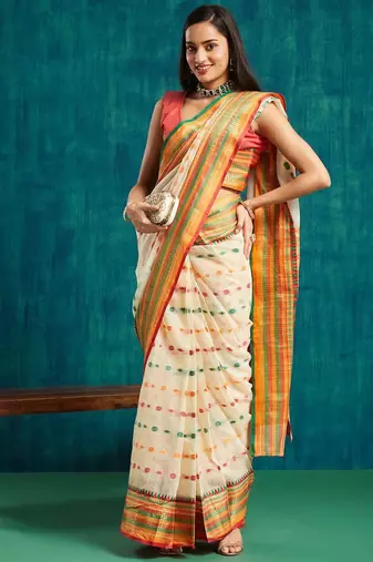 Cream elegant printed polycotton saree with blouse piece