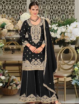 Black embroidered satin semi-stitched pakistani salwar suit 1