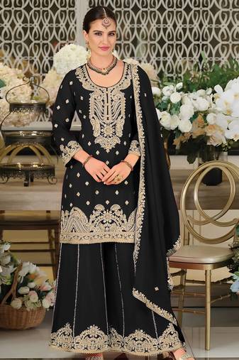 Black embroidered satin semi-stitched pakistani salwar suit