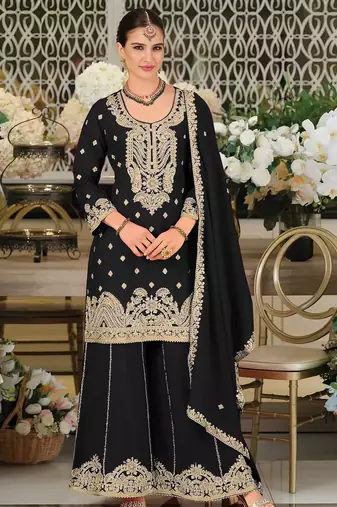 Black embroidered satin semi-stitched pakistani salwar suit