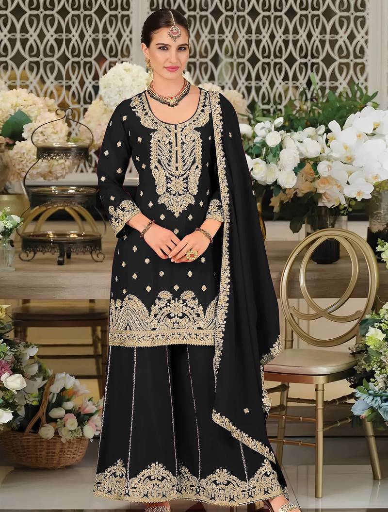 Black embroidered satin semi-stitched pakistani salwar suit