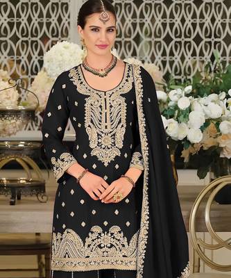 Black embroidered satin semi-stitched pakistani salwar suit 2
