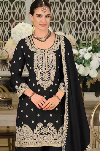 Black embroidered satin semi-stitched pakistani salwar suit