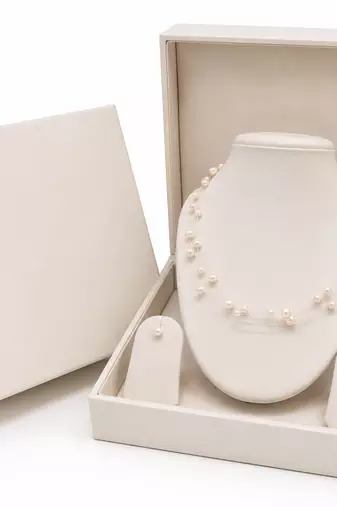 Floating pearl necklace and earring set, white, multi-strand, illusion style, with earrings set