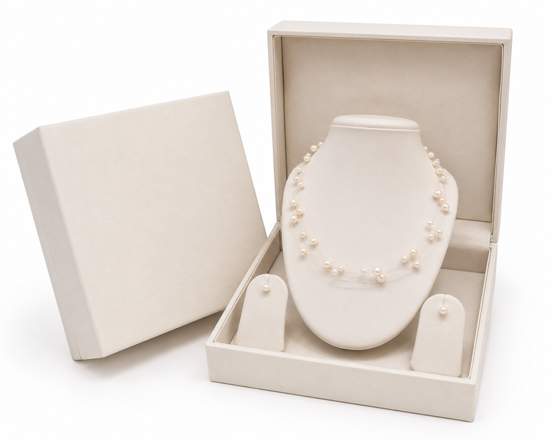 Floating pearl necklace and earring set, white, multi-strand, illusion style, with earrings set