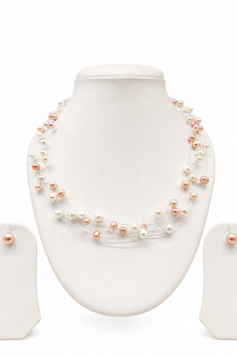 Floating freshwater pearl necklace and earring set, multi-strand, white and peach, with silver clasp