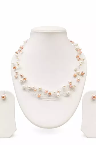 Floating freshwater pearl necklace and earring set, multi-strand, white and peach, with silver clasp