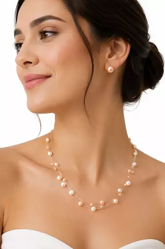 Floating pearl necklace and earring set, pink and white, multi-strand, illusion style, bridal jewellery