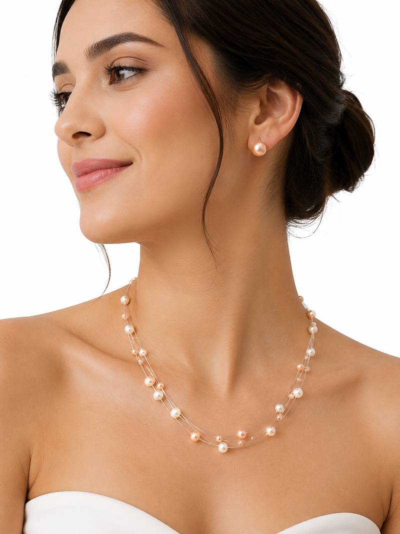 Floating pearl necklace and earring set, pink and white, multi-strand, illusion style, bridal jewellery