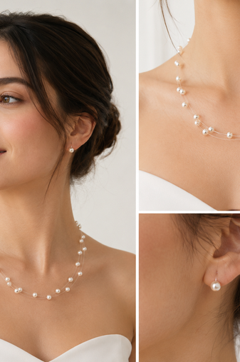 Floating pearl necklace and earring set, white, illusion multi-strand, bridal wedding jewellery