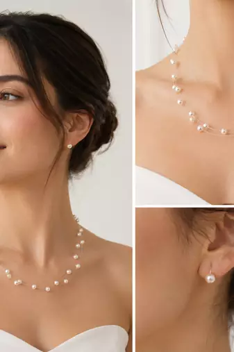 Floating pearl necklace and earring set, white, illusion multi-strand, bridal wedding jewellery
