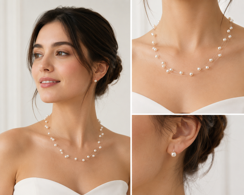 Floating pearl necklace and earring set, white, illusion multi-strand, bridal wedding jewellery