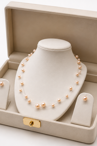 Floating pearl necklace and earrings jewellery set, pink, double strand, with earrings set