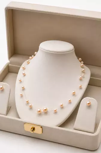 Floating pearl necklace and earrings jewellery set, pink, double strand, with earrings set