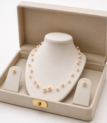Floating pearl necklace and earrings jewellery set, pink, double strand, with earrings set