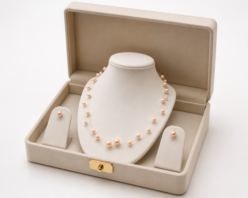 Floating pearl necklace and earrings jewellery set, pink, double strand, with earrings set