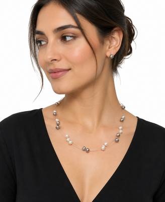 Floating pearl necklace and earrings set, white and grey multi-colour, illusion style 1