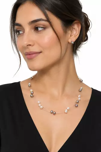 Floating pearl necklace and earrings set, white and grey multi-colour, illusion style