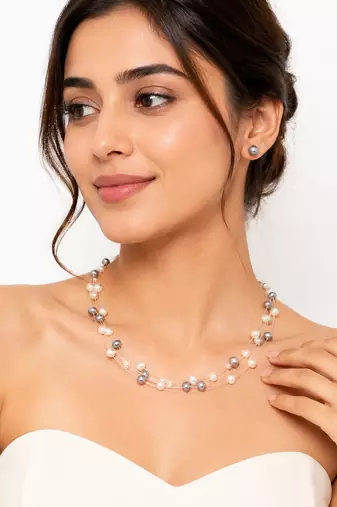 Floating pearl necklace and earrings jewellery set, white and grey, multi-strand, earrings included